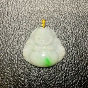Natural Grade A Jadeite Pendant Happy Buddha With 18K Yellow Gold Bail